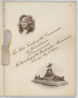 Cover to a menu for a dinner held by the the state society of the Cincinnati of Pennsylvania to commemorate the unveiling of the Washington Monument, Saturday, May 15th 1897.