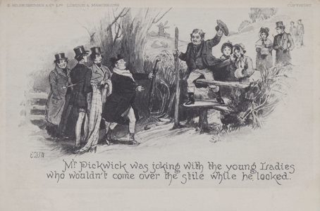 Mr Pickwick joking with the young ladies (b/w photo)