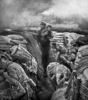 Ypres battle, 1915 : attack with mustard gas in trenches, illustration