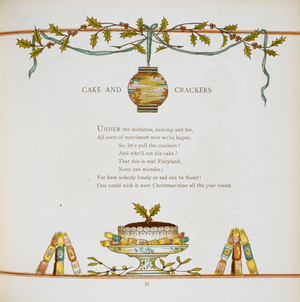 'Cake and Crackers'. A cake decorated with a sprig of holly, with Christmas crackers either side of it