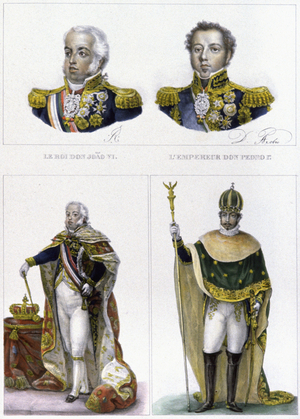 King of Portugal and Brazil Joao VI and his son Don Pedro 1st (1798-1834), 1839 (engraving)