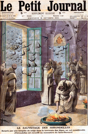 Due to a snowstorm, swallows take refuge in Saint Bernard monastery in Alps, front page of french newspaper "Petit Journal" october 19, 1913
