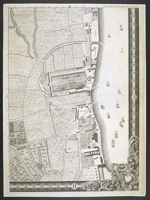 Plan of London, Upper wet dock, Rogue street, A plan of the cities of London and Westminster, and borough of Southwark; : with the contiguous buildings; From an actual survey, / taken by JOHN ROCQUE, Land-Surveyor, and Engraved by John Pine, John Rocque, 1762,