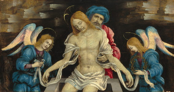 Pietà (The Dead Christ Mourned by Nicodemus and Two Angels), c. 1500 (oil & possibly tempera on panel)