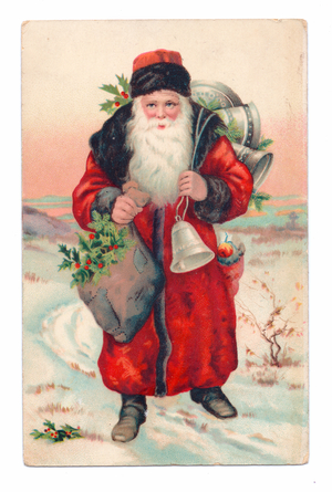Edwardian postcard of Father Christmas holding a bag of holly and carrying bells across his shoulder, c.1910 (colour litho)