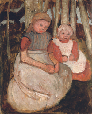 Two Seated Girls Before Birch Trunks; Zwei sitzende Madchen vor Birkenstammen, 1904 (oil on board)