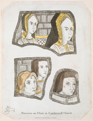 Stained glass fragments from St. Giles Church, Camberwell