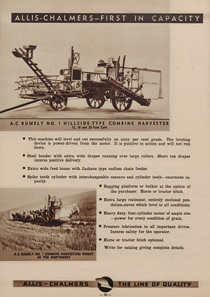 Allis Chalmers Rumely Number 1 Hillside-Type Combine Harvester
