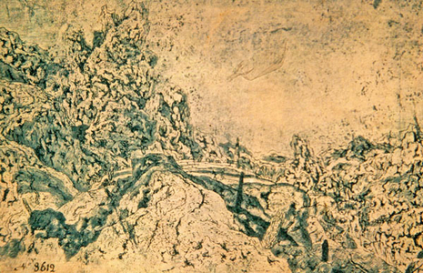 Rocky landscape with tower in distance (ink on paper)