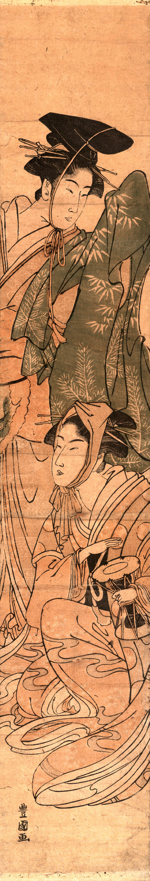 Yatsushi Manzai, Transformed Manzai Performer. [Between 1789 and 1793], 1 Print : Woodcut, Color ; 65.2 X 11.5 ., Print Shows Two Women, One Sitting Playing a Drum, the Other Standing.