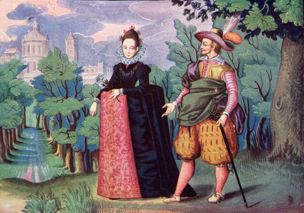 Queen Elizabeth and Sir Walter Raleigh. Coloured illustration from the Illustrated London News, Christmas Number, 1933.