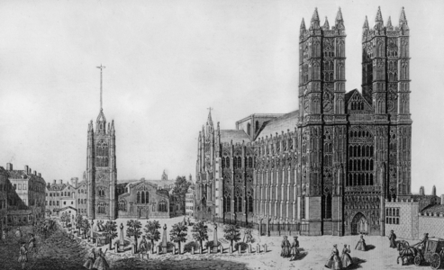 View of Westminster abbey and Saint Margaret church in London, 1749, engraving
