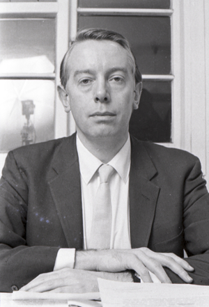Ken Tynan, National Theatre Company offices at Old Vic, London, 1966 (b/w photo)