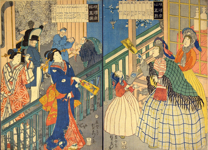 True View of a Yokohama Mercantile House (Yokohama shokan shinzu), 1861 (colour woodblock print; oban diptych (part of a triptych))
