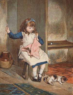 Girl sewing with cat at her feet (colour litho)