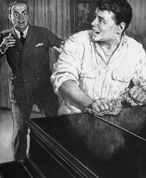 The 18-year old furniture remover, Alfred Cocozza - the future Mario Lanza - being discovered by Serge Koussevitsky (litho)