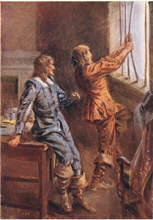 Porthos took hold of a bar with both his hands, from Twenty Years After published by George Harrap & Co Ltd 1929 (colour litho)