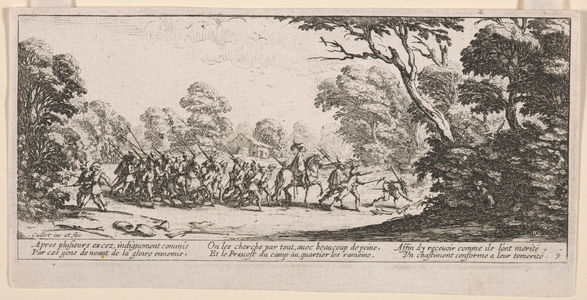 Découverte des malfaiteurs (Discovery of the Malefactors), illustration from Les Grandes misères de la guerre (The Large Miseries of War), 1633 (etching on off-white laid paper)