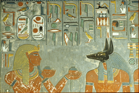 Ancient Egypt, Tomb of Horemheb, Thebes, 18th Dynasty Horemheb offers ointments to Anubis (photo)