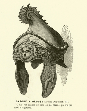 Ancient Roman helmet, possibly ceremonial, decorated with a head of Medusa (engraving)