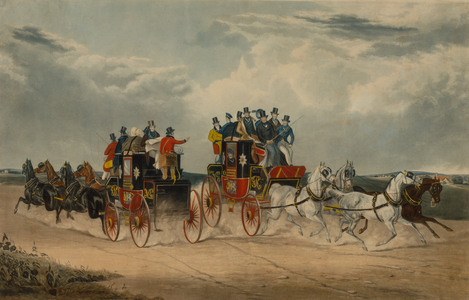The Brighton Day Mail passing over Hockwood Common (coloured engraving)