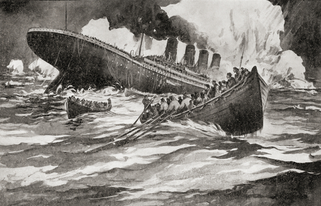 RMS Titanic of the White Star Line sinking around 2.20 AM Monday morning April 15 1912 after hitting an iceberg in the North Atlantic