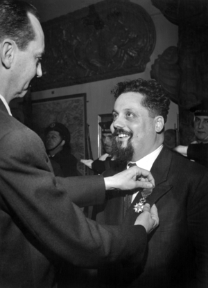 On January 25, 1953, Alain Bombard Receiving Gold Medal of Physical Education and Sports From Jean Masson, Secretary of State To Education (b/w photo)