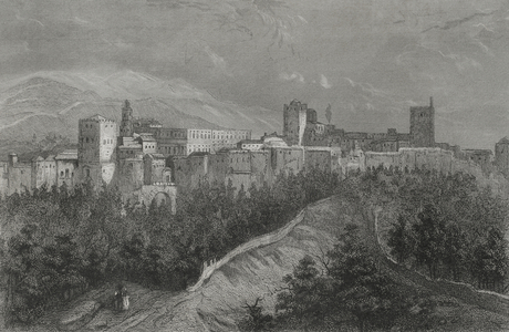Spain, Andalusia. Panoramic view of the Alhambra of Granada 19th century (engraving)