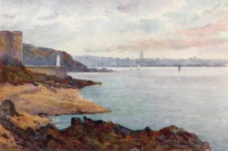 Mole des Noires and Dinard, from St Malo Beach (colour litho)
