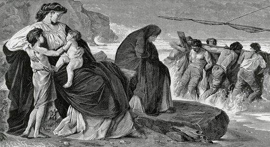 Medea prepares the departure of the expedition of the Argonauts after Jason seize the golden fleece (engraving)