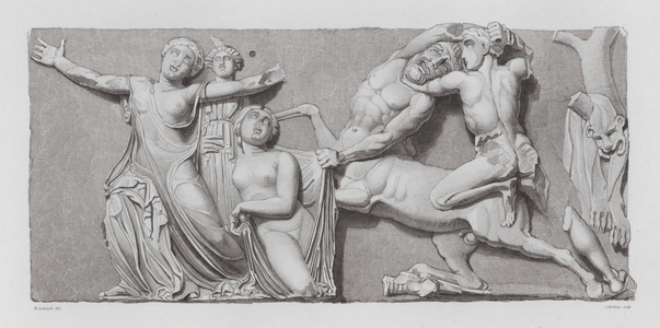 Centaur abducting women, ancient Greek marble sculpture (engraving)