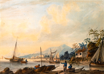 Estuary scene with figures and boats (pen and grey ink and w/c)