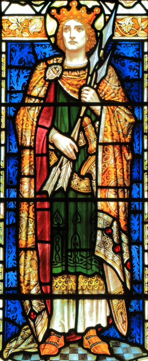 St Edmund, King of East Anglia, 9th century, Saint, holding arrows of martyrdom, stained glass, by J Powell & Son, 1900, Blakeney, Norfolk, England (stained glass)
