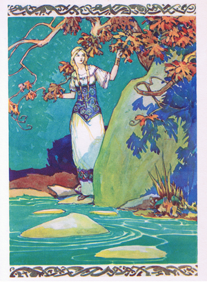 From behind the hounted grey rock a fair youn girl appeared, from The Childrens Hour: Adventures and Achievements published by Waverley Book Company, c.1930 (colour litho)