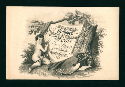 Trade card for Russell, plumber, painter and glazier, London (engraving)