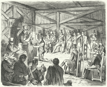 Initiation of a new member into a group of the Carbonari, network of revolutionary secret societies in Italy, 19th Century (engraving)