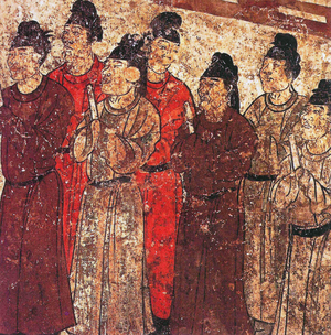 China: Qianling Tombs, Shaanxi; A group of court eunuchs. Tang Dynasty mural from the tomb of Prince Zhanghuai, 706