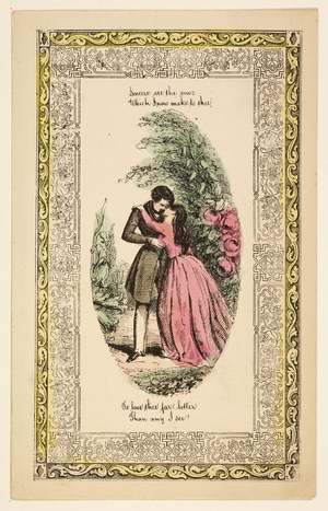 Illustration on a Valentine's card. A couple of lovers embracing.