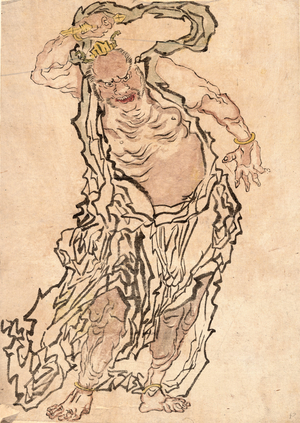 Niozo (Agyo), Buddhist Gate Guardian Agyo. The Buddhist Nio Protector or Temple Guard with Mouth Open, Full-Length Portrait, Standing, Facing Front, with Right Hand Raised Over His Head; (Companion God to Ungyo, the Closed-Mouth Nio Protector).