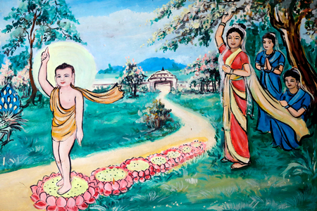The birth of Siddhartha as a prince, pointing to the North. Vietnam. (painting)