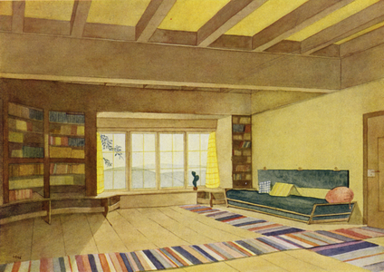 Hall with Library (colour litho)