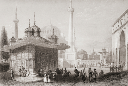 Fountain and square of St. Sophia, Istambul, Turkey. Engraved by T. Higham after W. H. Bartlett.