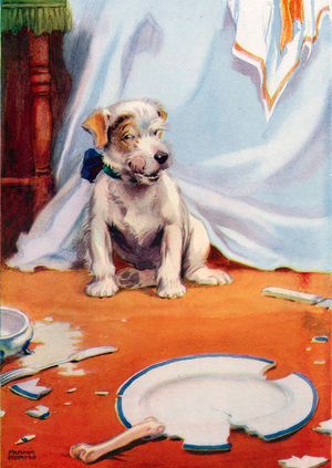 Dog with broken plate (colour litho)