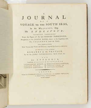 Frontispiece from 'A journal of a voyage to the South Seas : in His Majesty's ship, the Endeavour', 1794 (engraving)