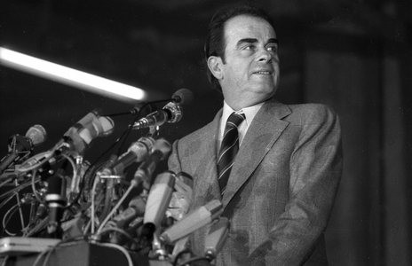Georges Marchais. Presidential election campaign, Paris 1974 (b/w photo)