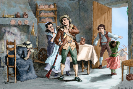 American Revolutionary War (1775-1783). Militiaman preparing his departure toward the battles of Lexington and Concord (April 1775), under the dismay of his family (colour engraving)