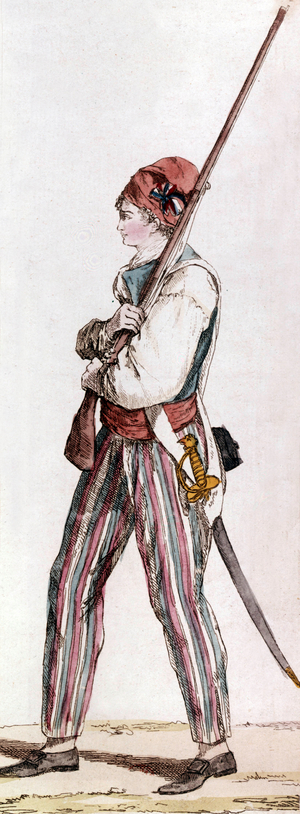 Revolutionary citizen holding a sword and a shotgun at the time of French Revolution France, engraving