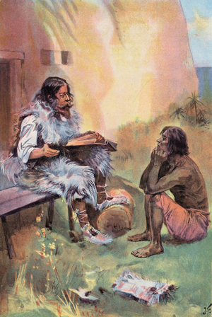 Robinson Crusoe: I teach Friday (colour litho)