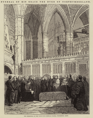 Funeral of His Grace the Duke of Northumberland, the Ceremonial at the Vault in St Nicholas Chapel, Westminster Abbey (engraving)