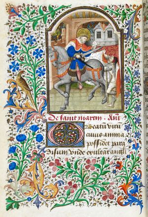 Miniature of Martin of Tours riding on a horse, cutting his cloak with his sword to share it with a beggar, with a full foliate border, at the beginning of his suffrage